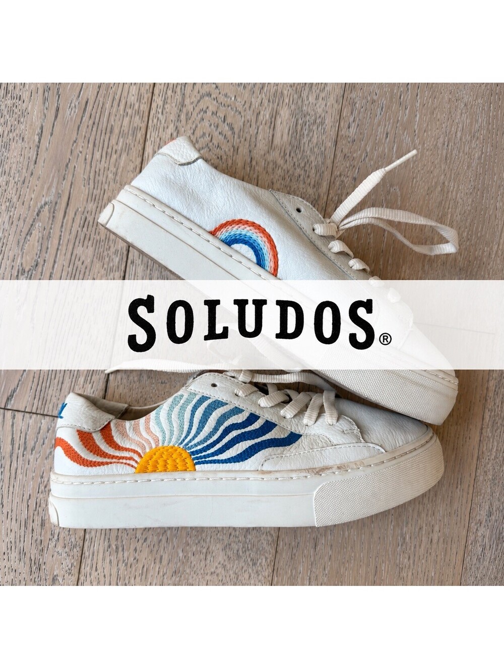Soludos White Leather Sneakers Embroidered Sun & Rainbow Sunset Design Size 9.5